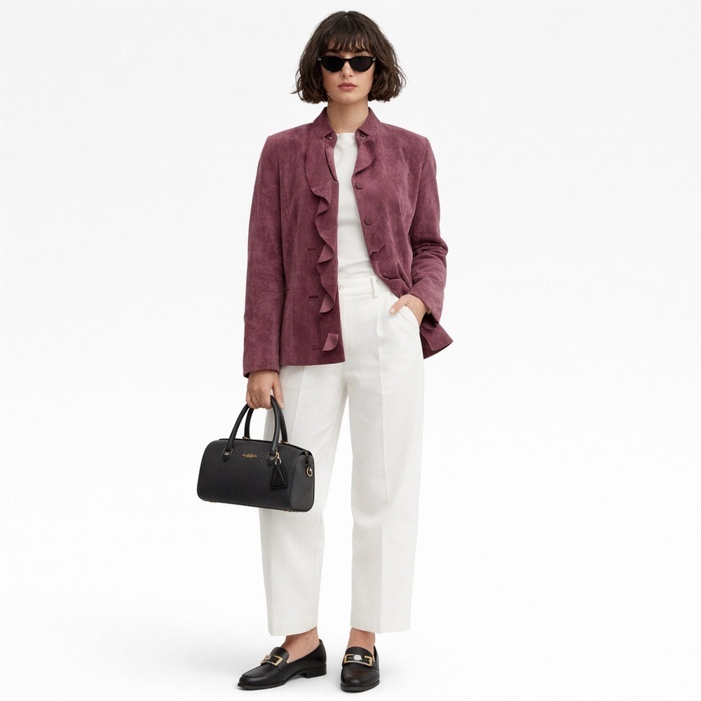 Parisian Signature Petite PXL Suede Leather Ruffle Jacket Mauve ‎ quiet luxury